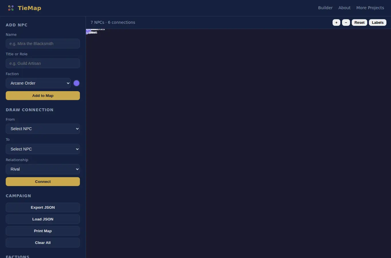 Screenshot of TieMap: NPC Relationship Web Builder interface showing the project page in use